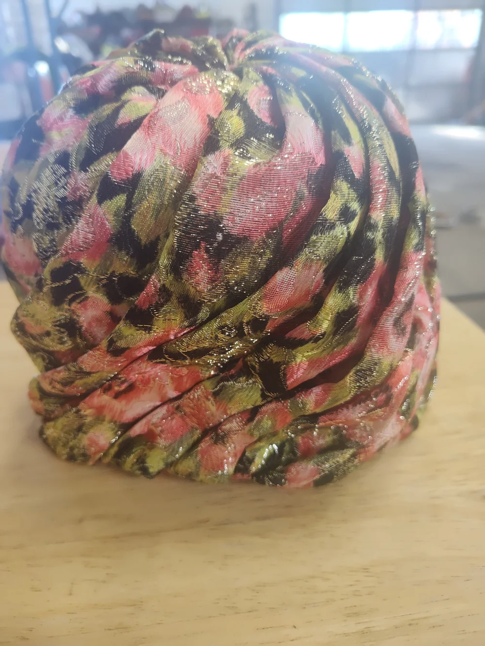 Floral Turban Hat in Black with Pink & Green & Gold Accents